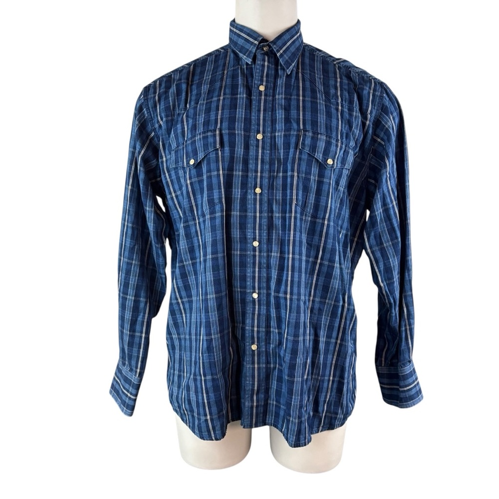 Wrangler Western Men's 17.5-36 Blue Pearl Snap Long Sleeve Shirt Stripes (758)